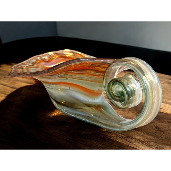Vtg Slag Art Glass Cornucopia Vase Spiral Curled Handle Unsigned Orange MCM - Picture 4 of 15